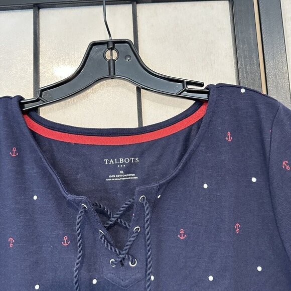 Talbots Nautical Dress Navy Blue Lace up Neck Size XL Shirt Dress Cotton New - Picture 3 of 5